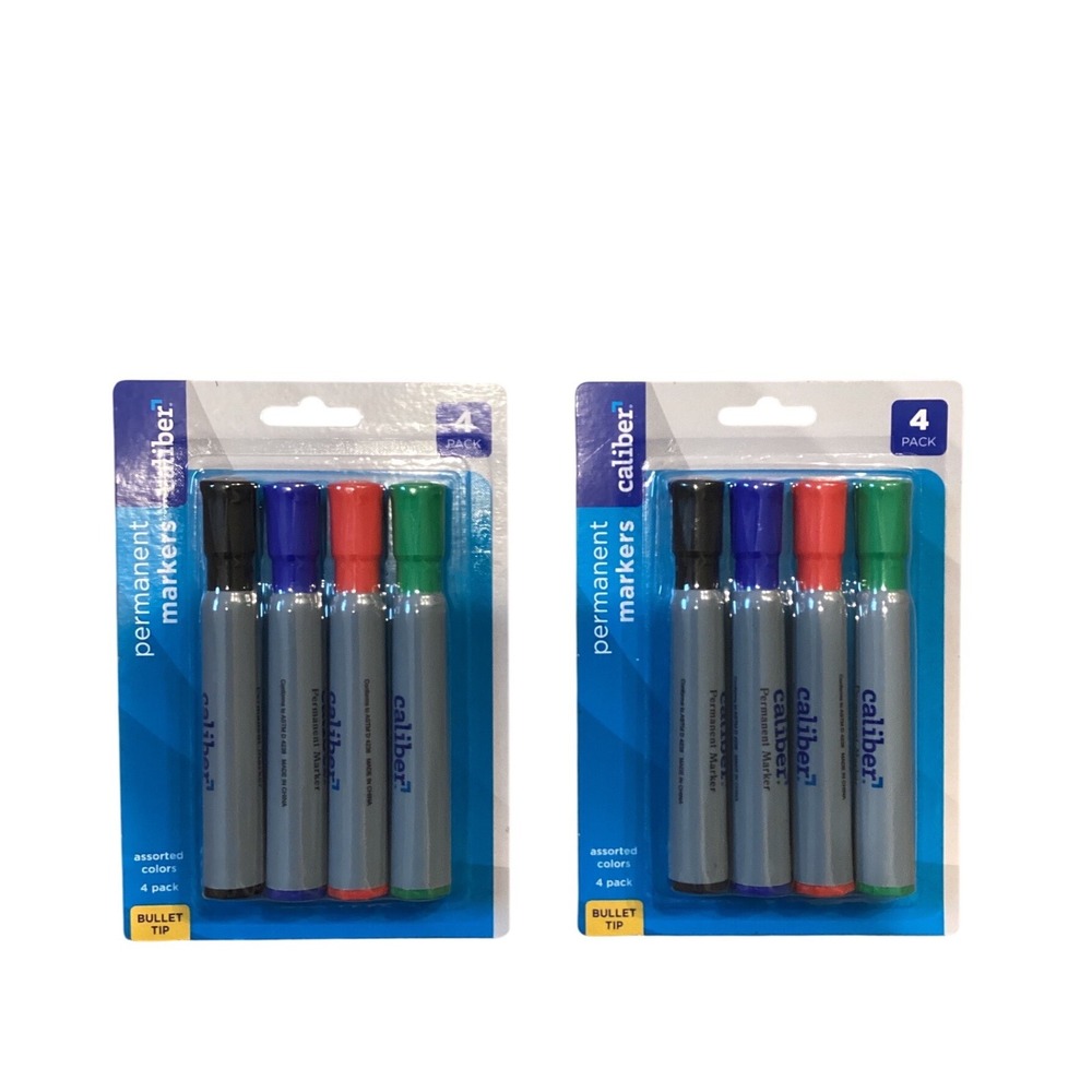 Caliber Permanent Markers 4 Pack Assorted Colors Bullet Tip‎ 2 Packs Total 8 Ct